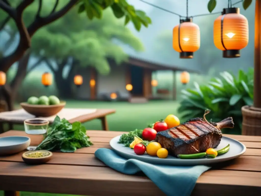 Disfruta de un asado en un entorno sereno, rodeado de naturaleza exuberante y luces cálidas, practicando el 'Mindful Eating para disfrutar asado'