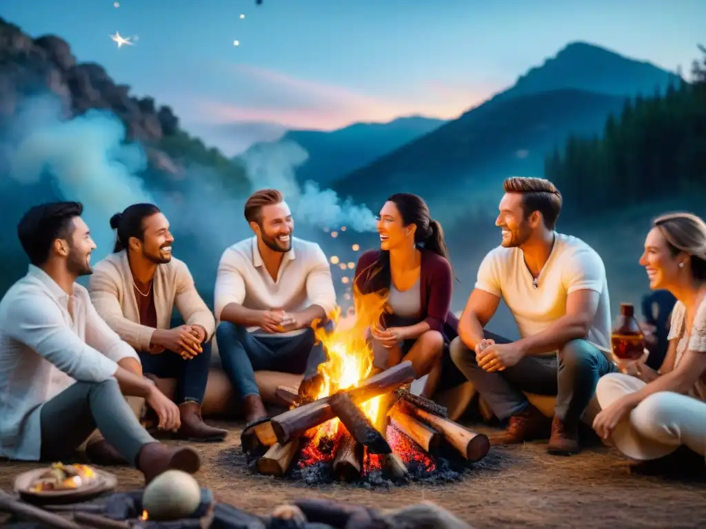 Un asado bajo las estrellas con amigos riendo, iluminados por fogata crepitante