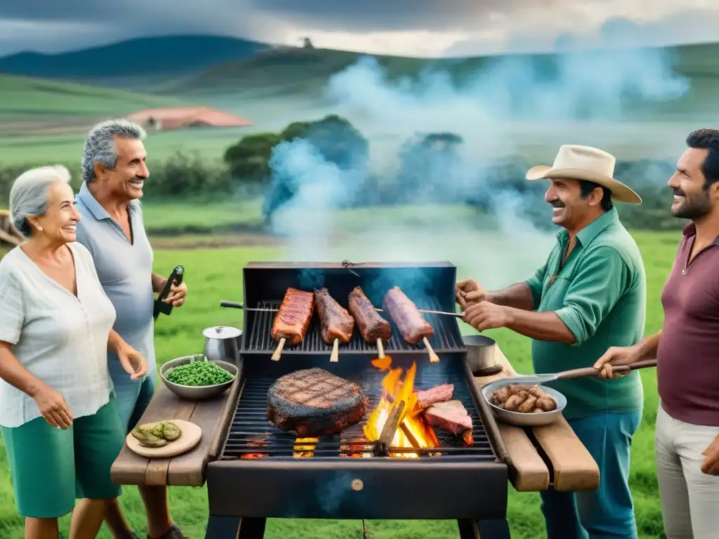 Un asado ético y sostenible en Uruguay: granjeros comparten risas alrededor de la parrilla, en un escenario rural idílico