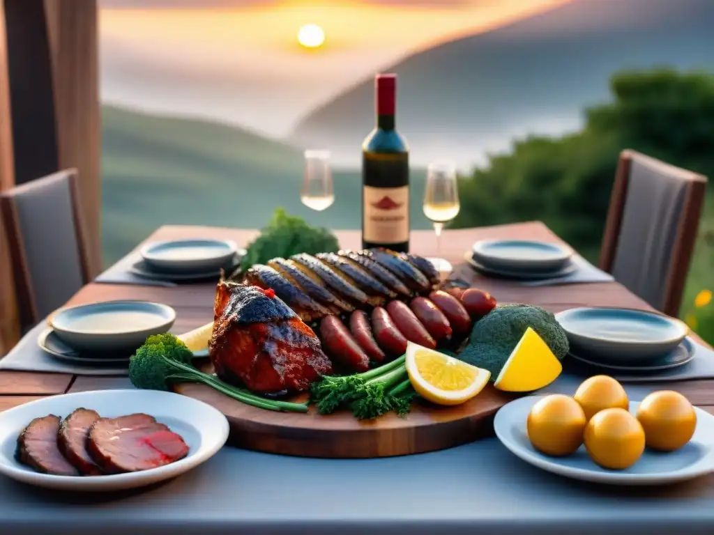 Presentación asado experiencia inolvidable: mesa elegante al aire libre con variedad de carnes a la parrilla, vegetales y chimichurri al atardecer