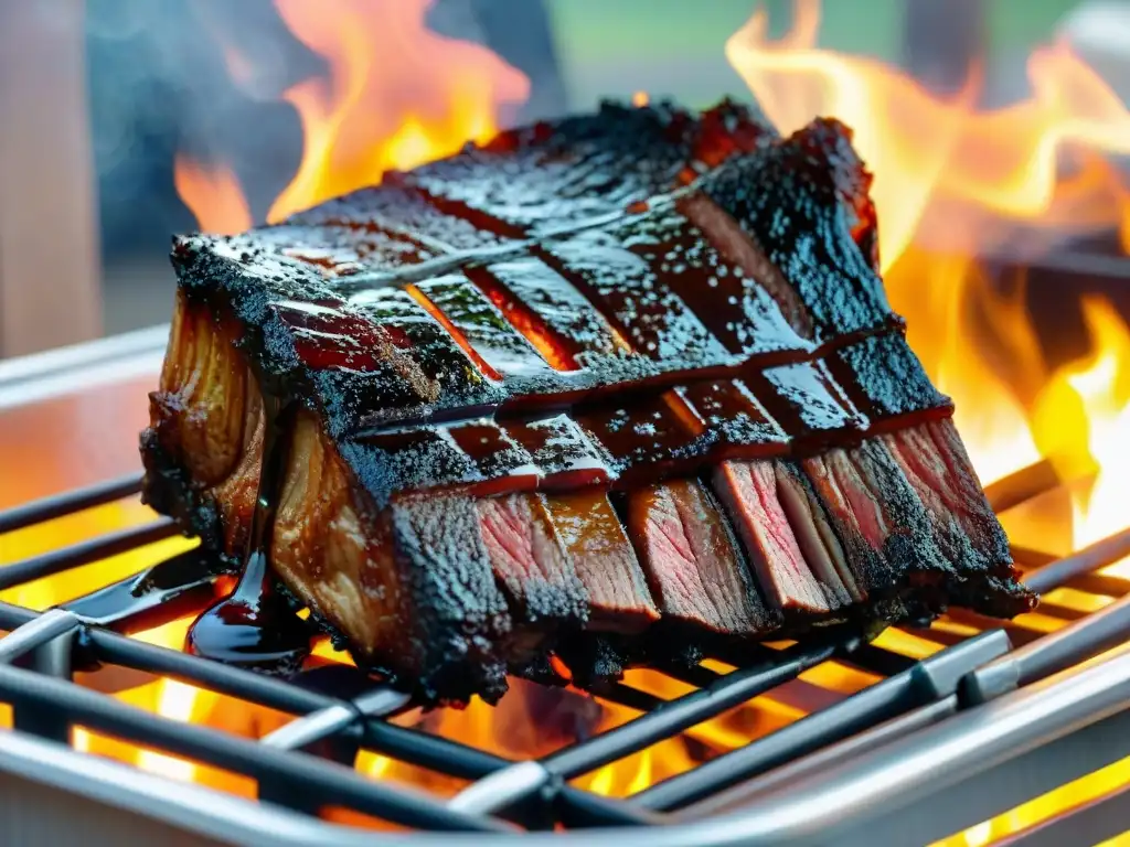 Tira de asado con glaseado: costillas de res brillantes y jugosas en una parrilla de barbacoa humeante en una noche de verano cálida