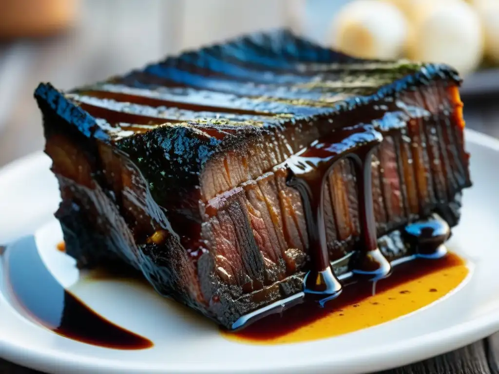 Tira de asado con glaseado, jugoso y caramelizado, bajo la luz, en una parrillada festiva