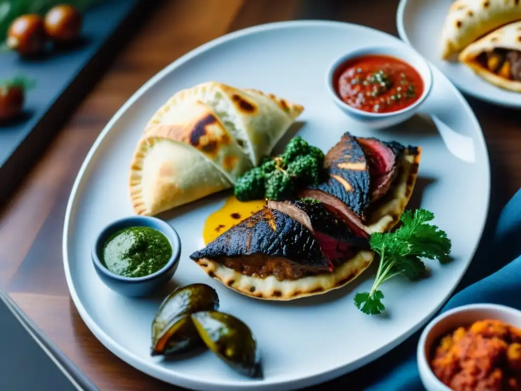 Un asado gourmet argentino bellamente presentado con carnes a la parrilla, chimichurri, verduras asadas y empanadas doradas en plato blanco