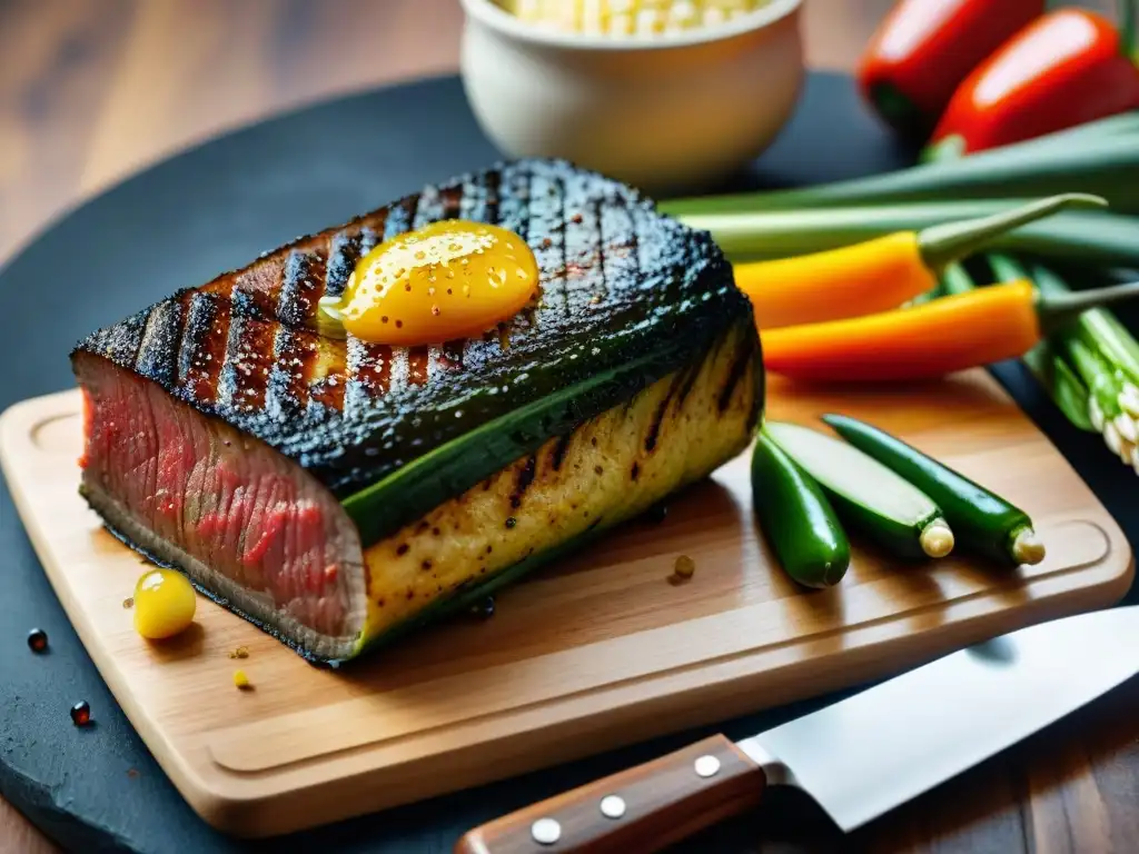 Delicioso asado a la parrilla con vegetales grillados Un asado perfectamente grillado con vegetales, iluminación ideal para fotos gastronómicas de asado
