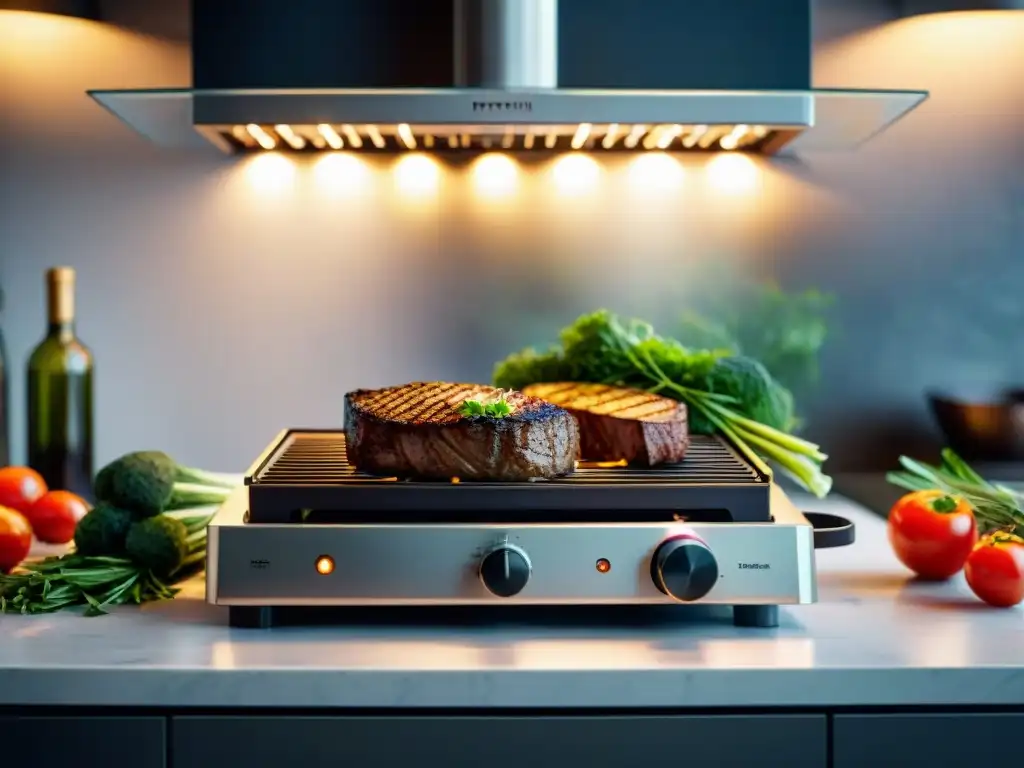 Un asado en interiores en días lluviosos: parrilla eléctrica con jugosos filetes, hierbas frescas y verduras coloridas en la cocina moderna