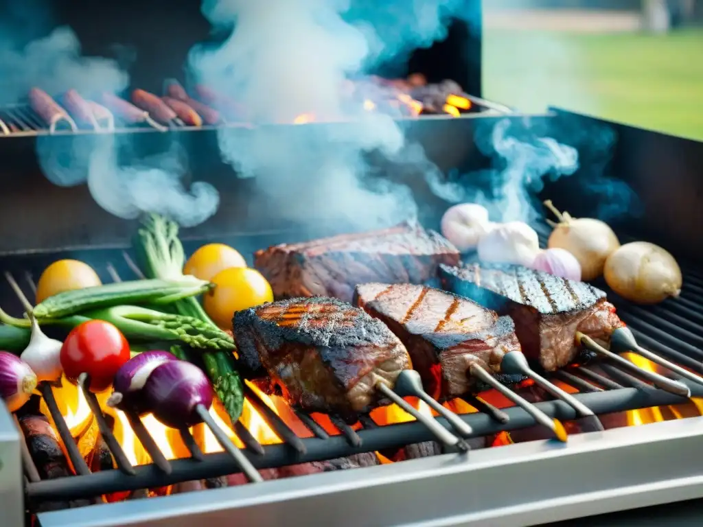 Un asado irresistible con carnes y vegetales perfectamente cocidos en una parrilla humeante