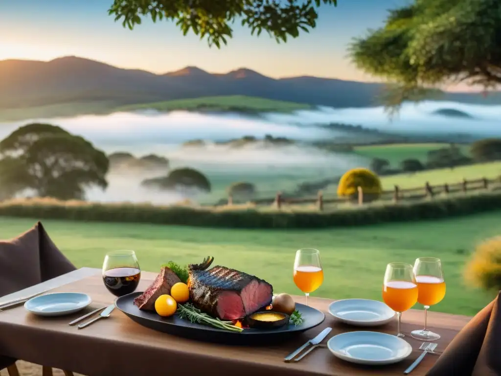 Un asado de lujo en una estancia uruguaya tradicional, rodeado de naturaleza exuberante y atardeceres dorados