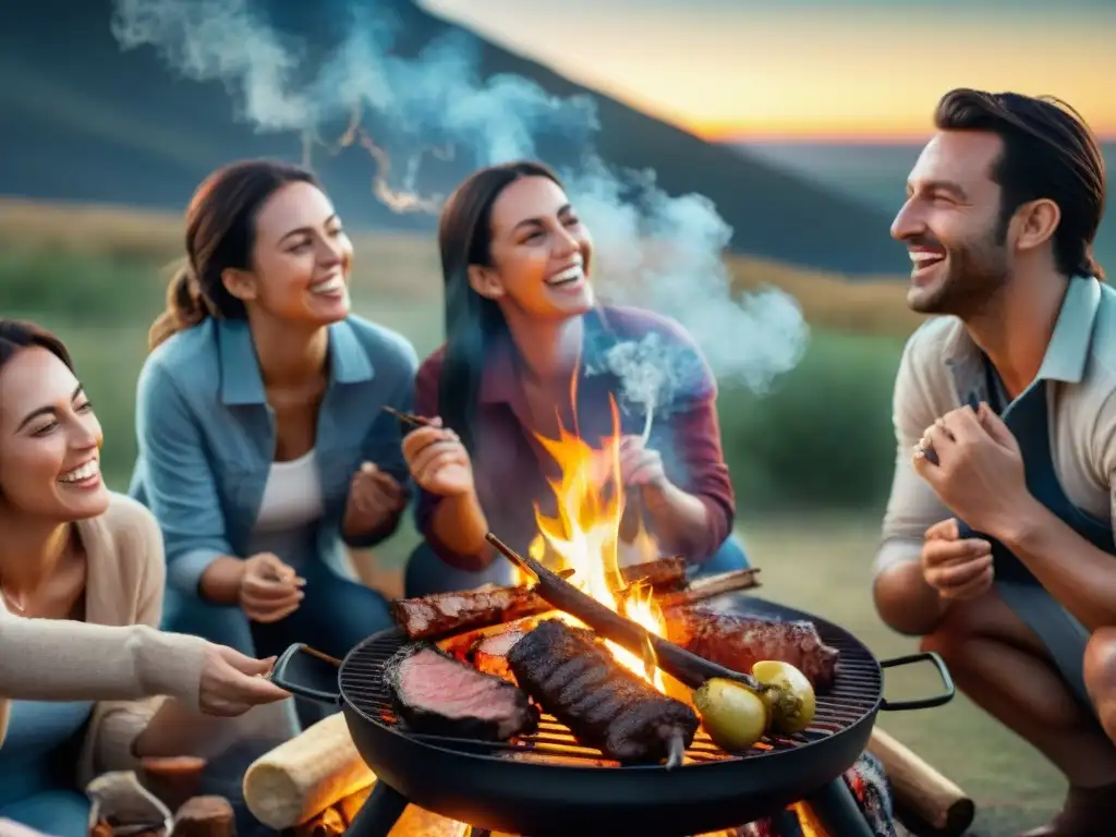 Un asado nocturno perfecto bajo estrellas: amigos riendo alrededor de fogata con parrilla argentina y carne a la parrilla