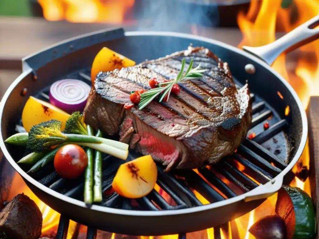 Un asado de venado gourmet Uruguay en una parrilla, rodeado de vegetales coloridos y un atardecer dorado