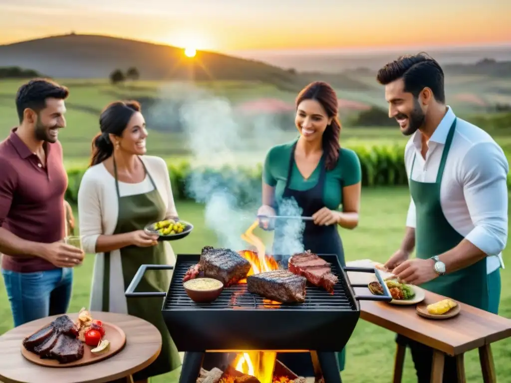 Un asado perfecto con amigos en el campo uruguayo al atardecer