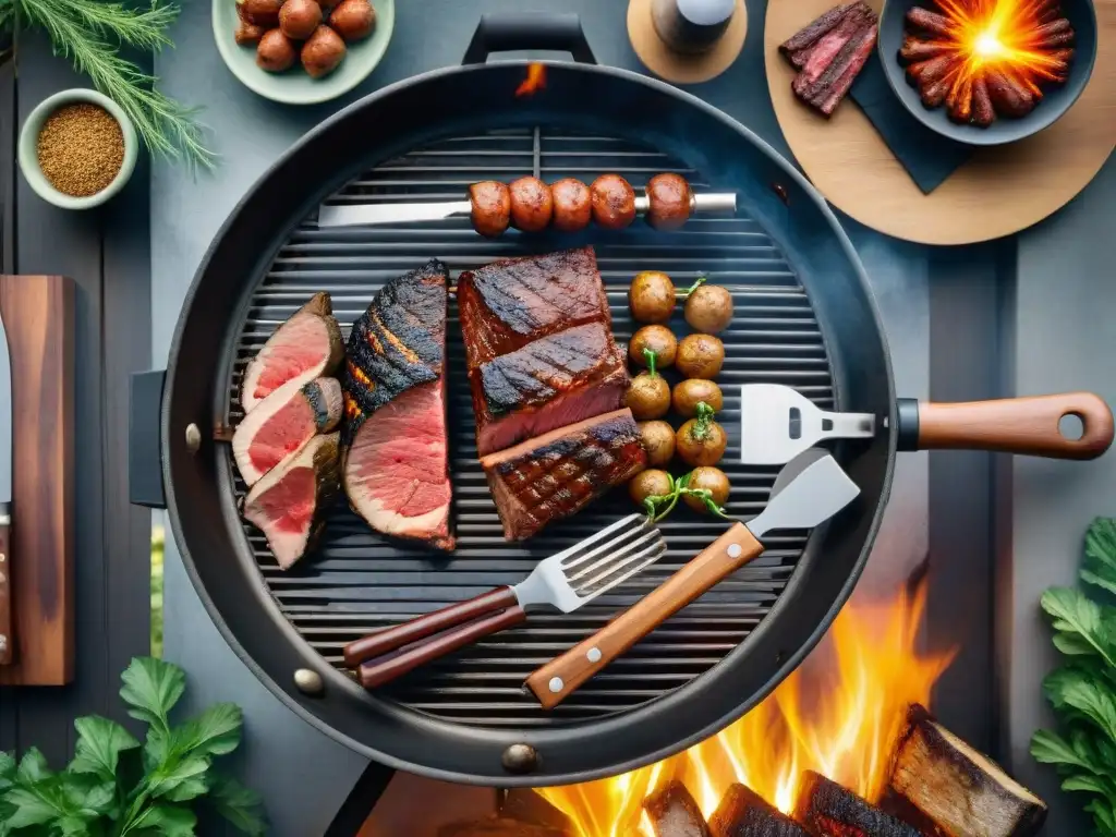 Un asado perfecto: detallada parrilla uruguaya con carnes, utensilios y paisaje campestre al atardecer