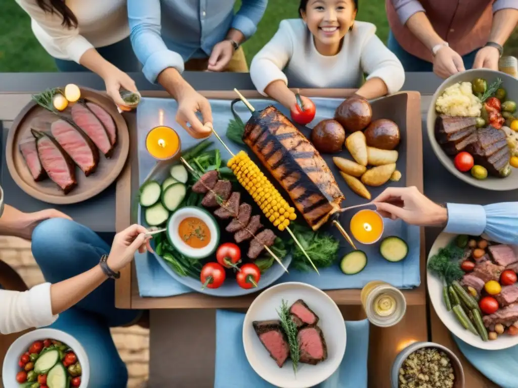 Organizar asado perfecto en familia al atardecer con mesa rústica y comida lista para la parrilla