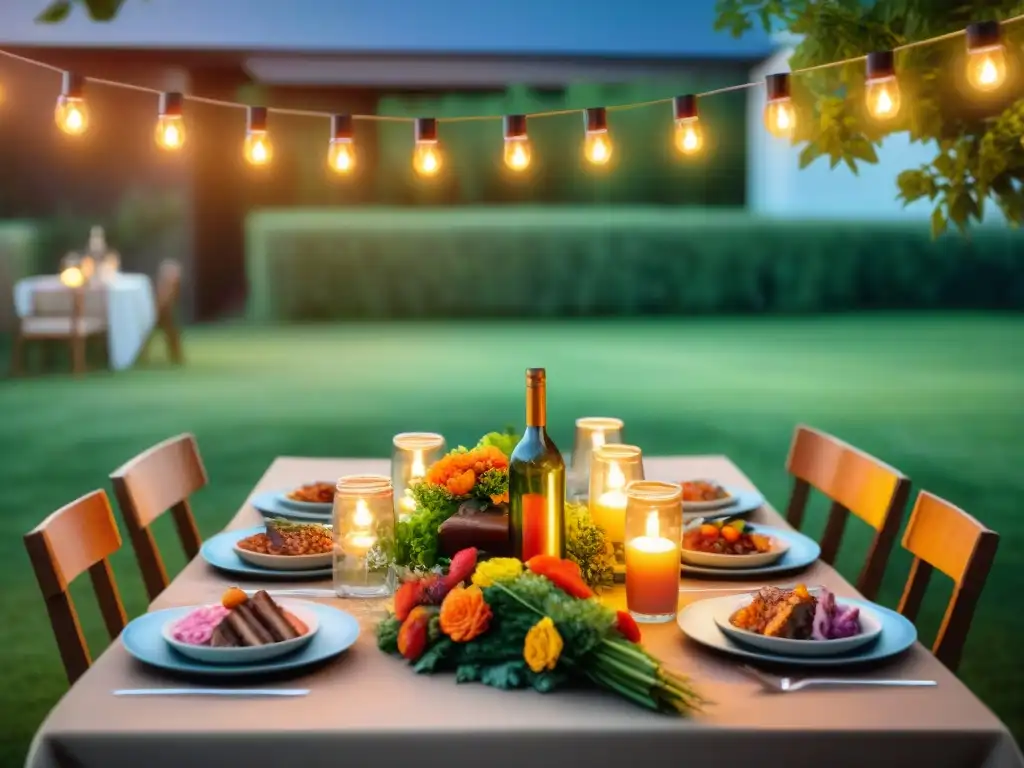 Organizar asado perfecto en familia: mesa al aire libre con comida variada, decoraciones rústicas y ambiente cálido al atardecer