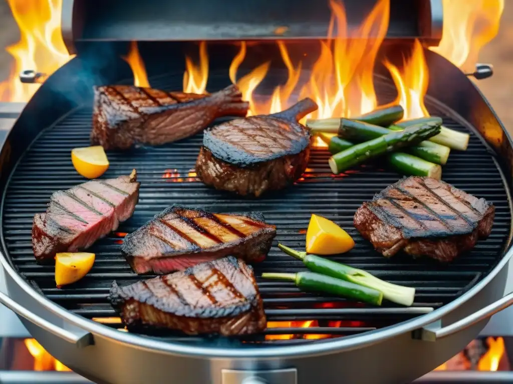 Un asado perfecto iluminado por los mejores ventiladores para asado, resaltando la parrilla y la comida cocida a la perfección