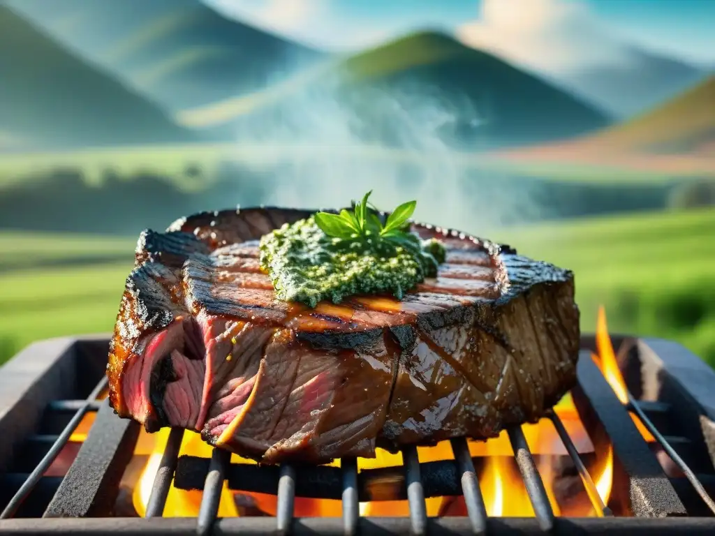 Un asado perfecto en Uruguay: un jugoso bife a la parrilla con chimichurri, cerveza artesanal uruguaya y paisaje campestre