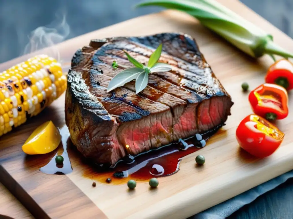 Fotografía del asado perfecto: jugoso filete a la parrilla con vegetales asados, hierbas frescas y humo de la parrilla al fondo