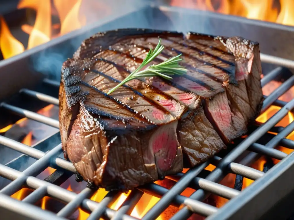 Fotografía del asado perfecto: Jugoso filete a la parrilla con hierbas frescas, marcas de parrilla y humo, en un día soleado