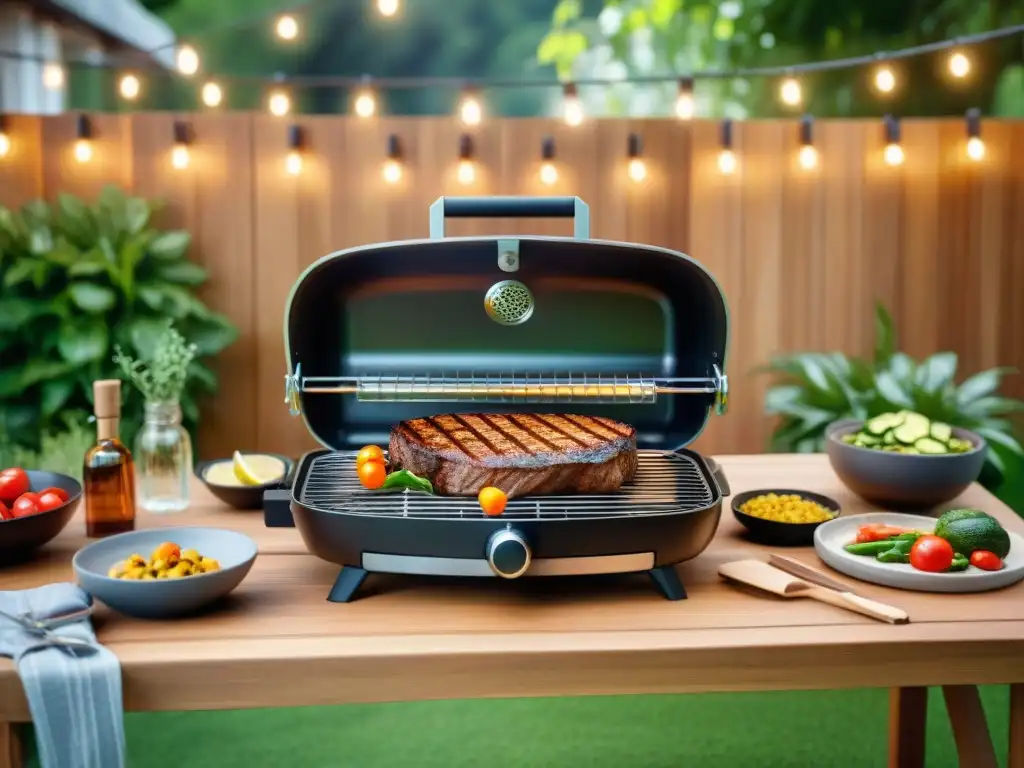 Un asado perfecto en un moderno grill eléctrico en un patio acogedor