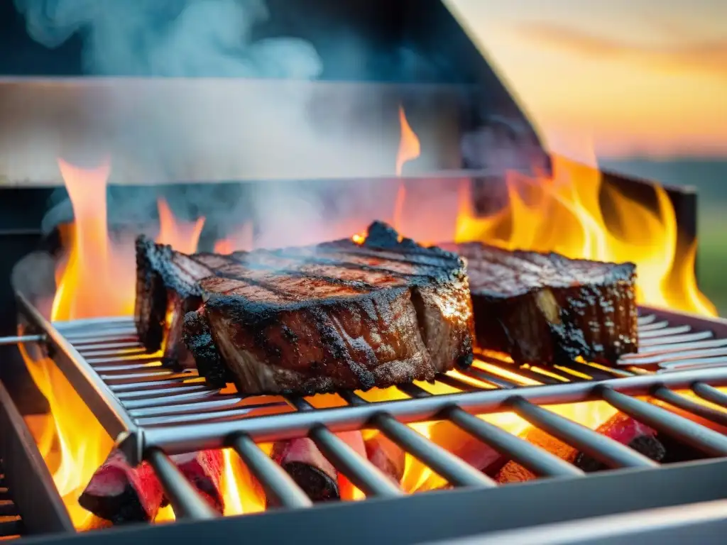 Fotografía del asado perfecto: Parrilla llena de deliciosas carnes y vegetales asados, con un atardecer de verano de fondo