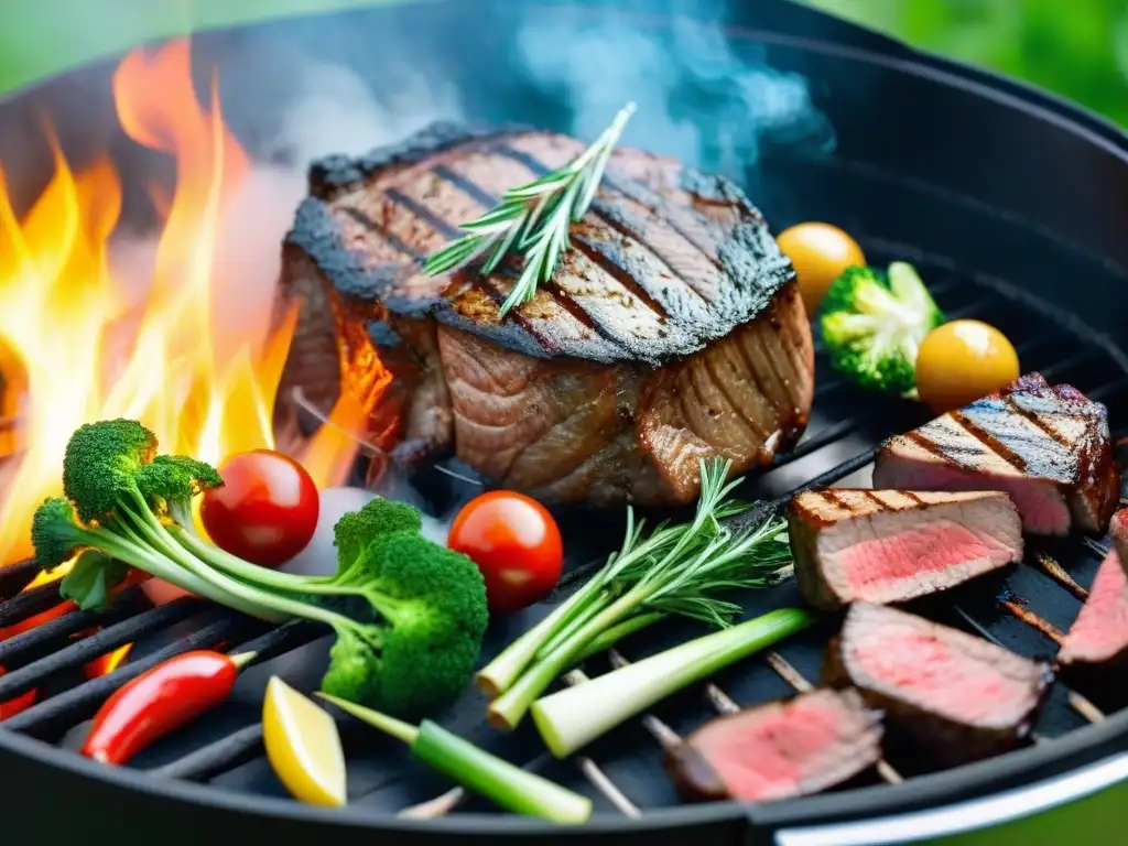 Un asado perfecto en la parrilla bajo el sol, con jugosos cortes y verduras coloridas