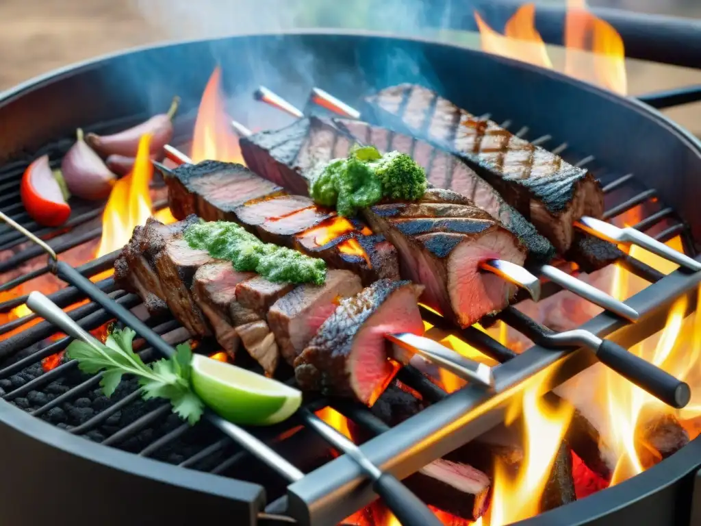 Un asado perfecto con técnicas ancestrales y modernas asado: cortes premium sizzling en la parrilla uruguaya, chimichurri y verduras frescas