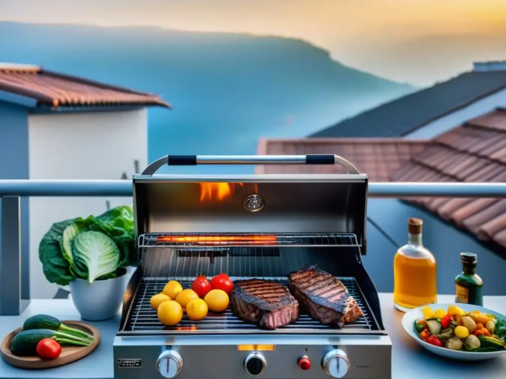 Un asado perfecto en balcón urbano: jugosos filetes y verduras sizzling