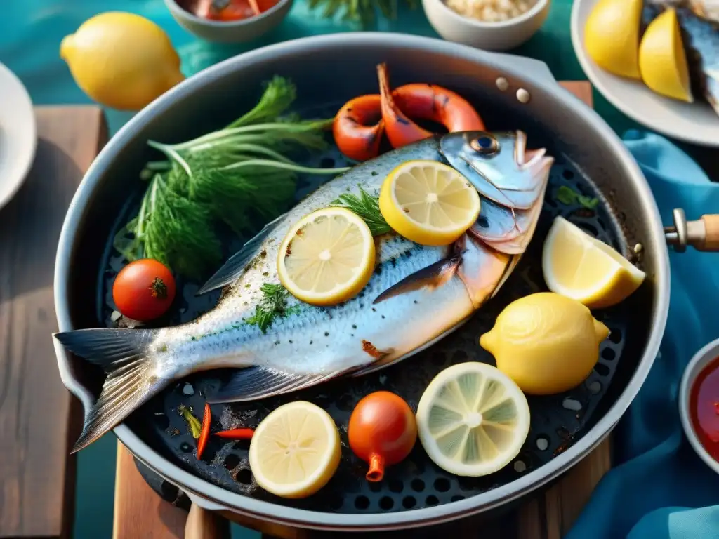 Asado de pescado al marino en parrilla con limón y vegetales, en escenario marino al atardecer