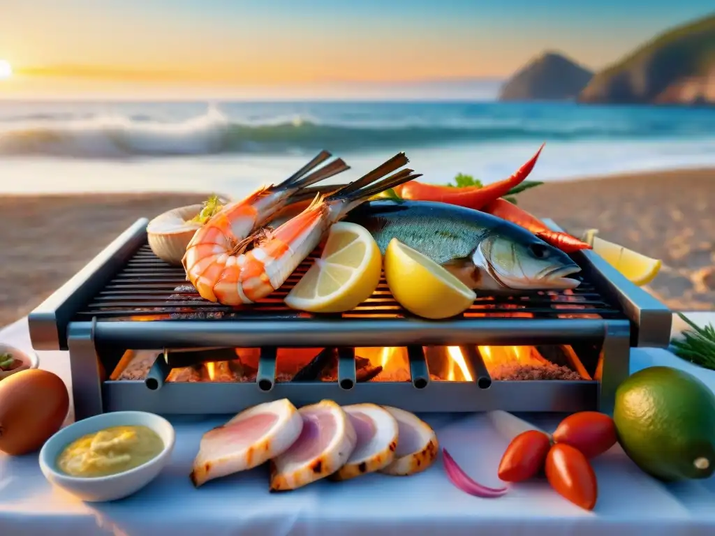 Un asado de pescado al marino en la playa al atardecer, con marisco fresco y verduras, bajo un cielo anaranjado y rosado