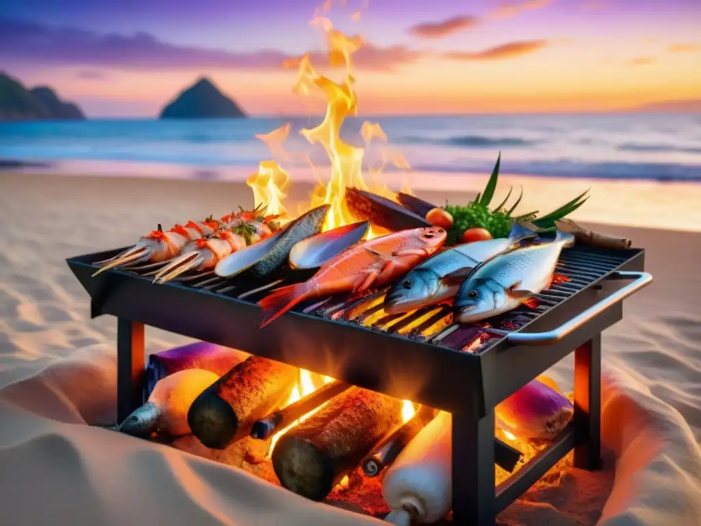 Un asado de pescado al marino en la playa al atardecer, con mar y cielo pintados de colores cálidos