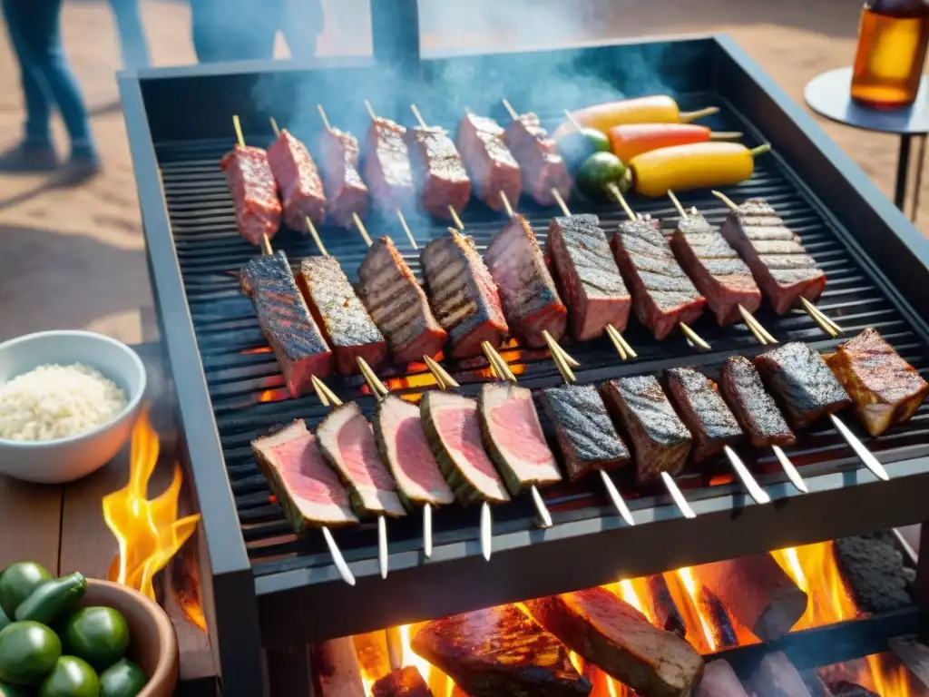 Un asado solar paso a paso: amigos cocinando juntos bajo el intenso sol, carnes sizzling y sombras dinámicas