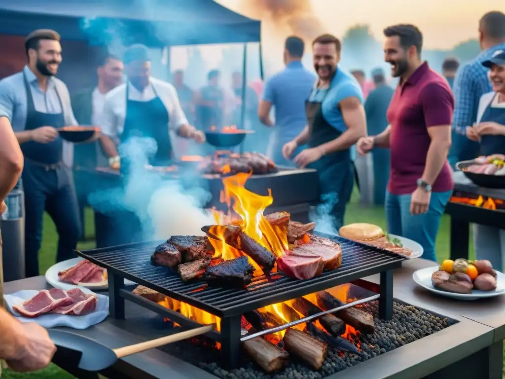 Un asado solidario marca unión y alegría con voluntarios preparando carnes en una parrilla comunal