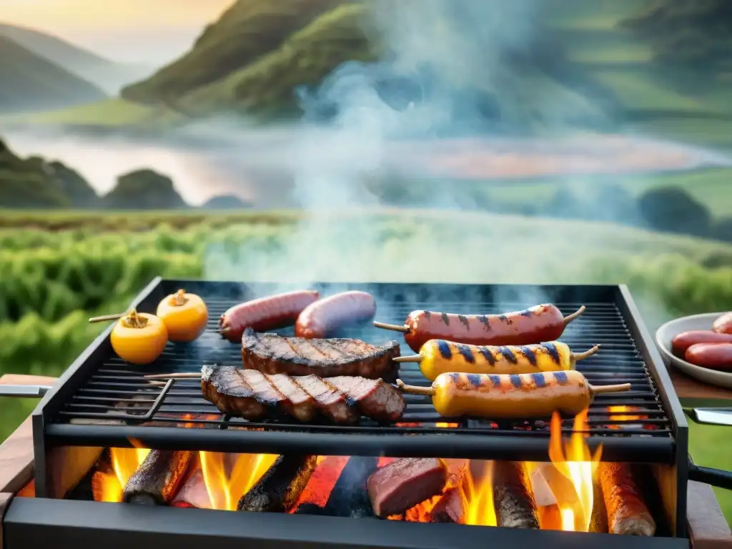 Un asado sostenible en la campiña uruguaya con parrillada tradicional y ingredientes locales, en un ambiente cálido y comunitario al atardecer