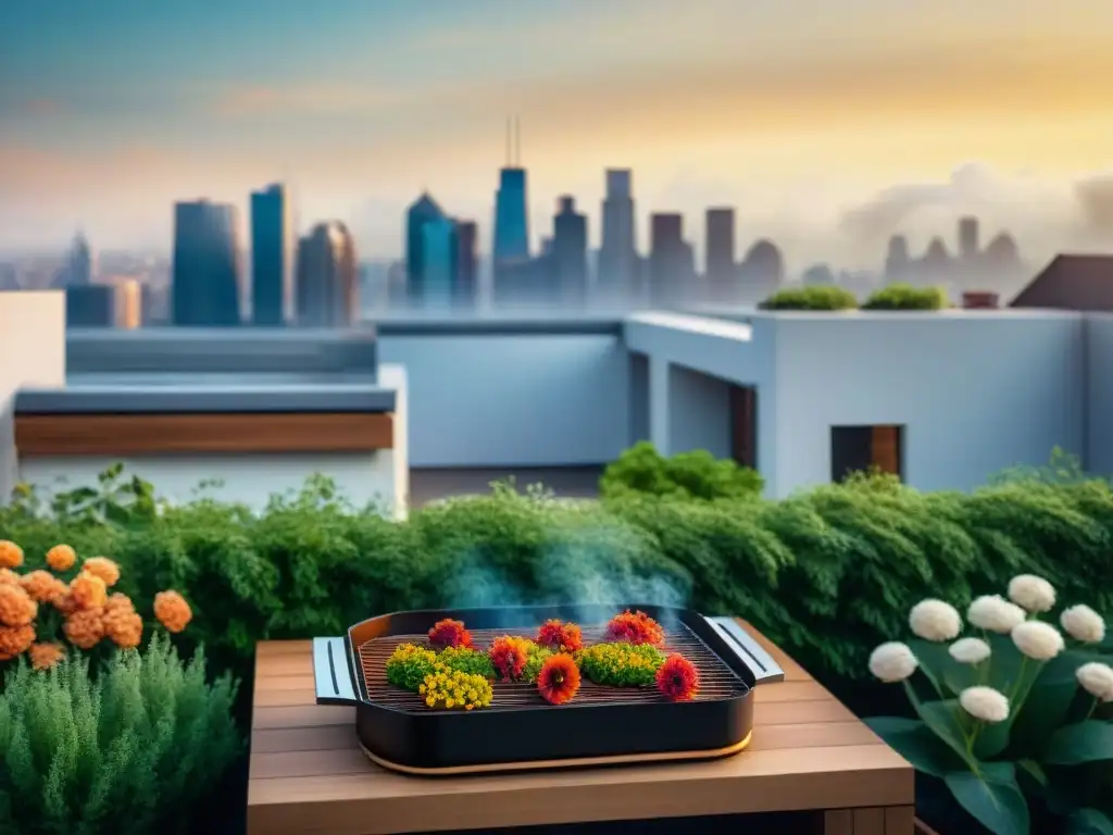 Un asado sostenible en espacios urbanos: amigos disfrutan de una barbacoa rodeados de plantas en un acogedor rooftop al atardecer