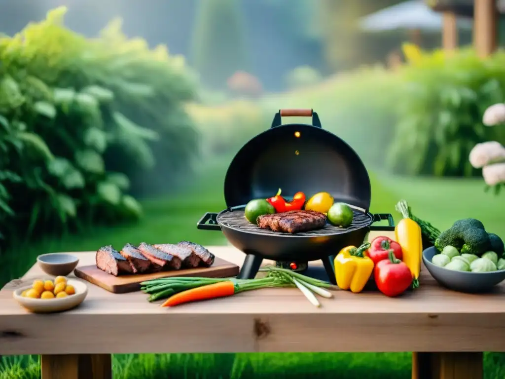 Un asado sustentable con sabor perfecto en un jardín vibrante al atardecer