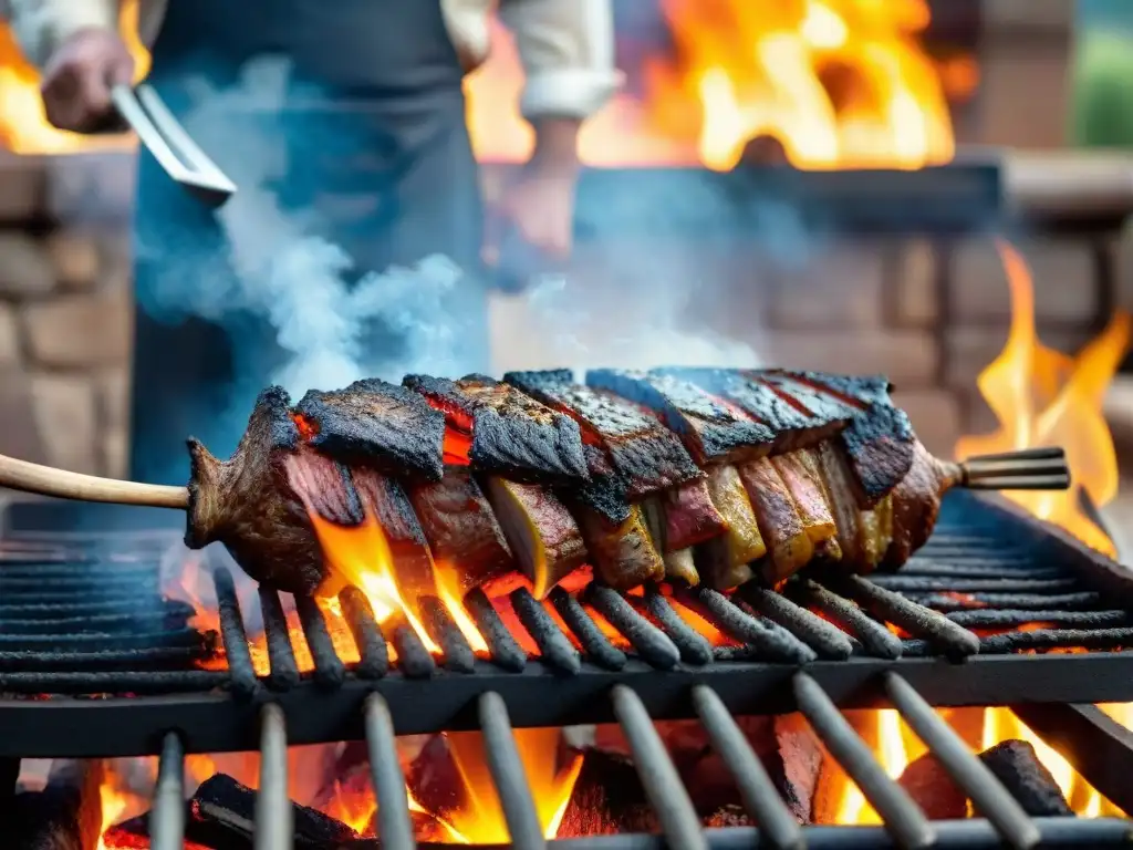 Un asado de tira argentino en la parrilla con humo y gauchos