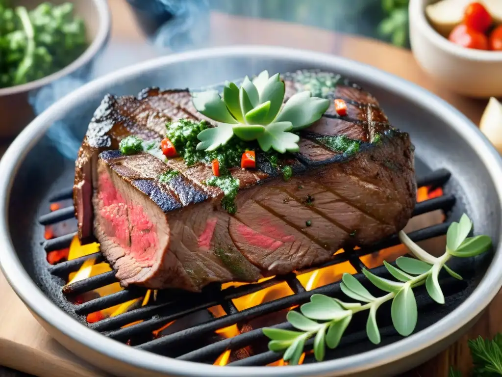 Un asado de tira con chimichurri, perfectamente jugoso y con hierbas frescas, listo para una deliciosa barbacoa de verano