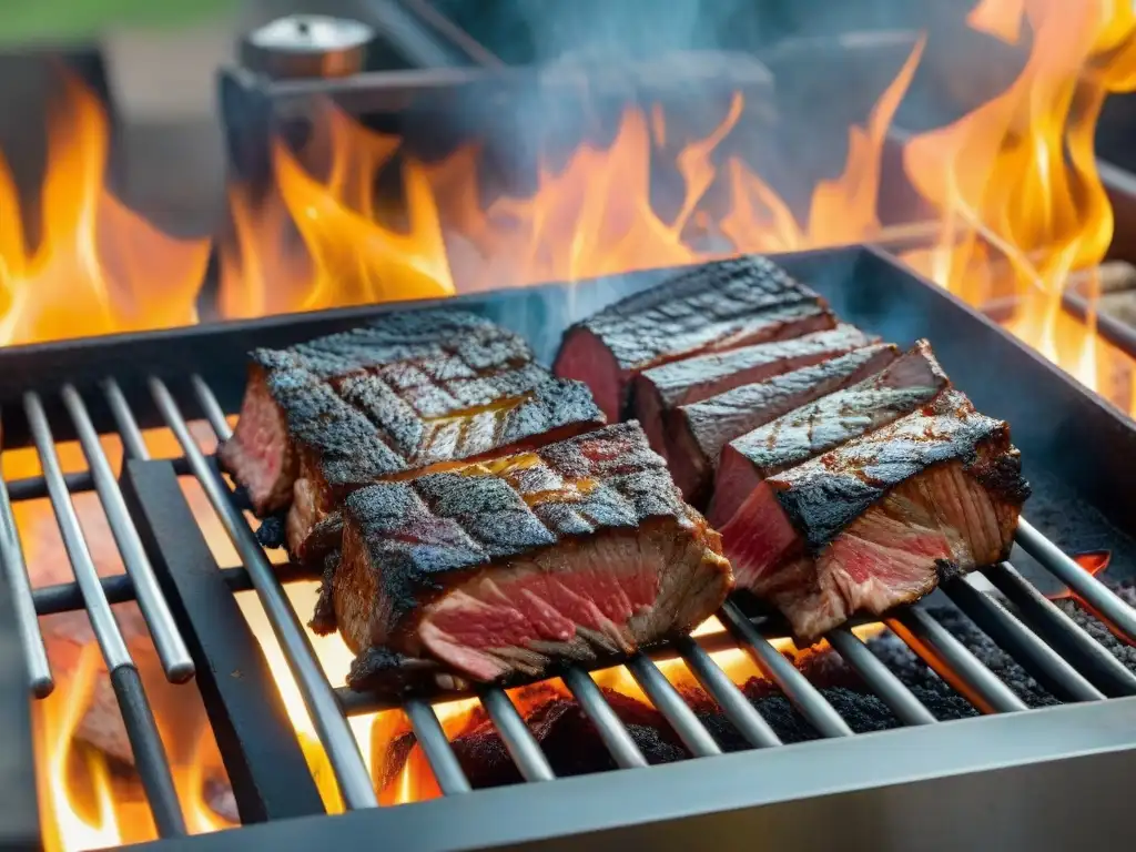 Dos Asado de Tira perfectamente cocidos en parrilla argentina, uno largo y otro corto, destacando su diferencia en textura y sabor