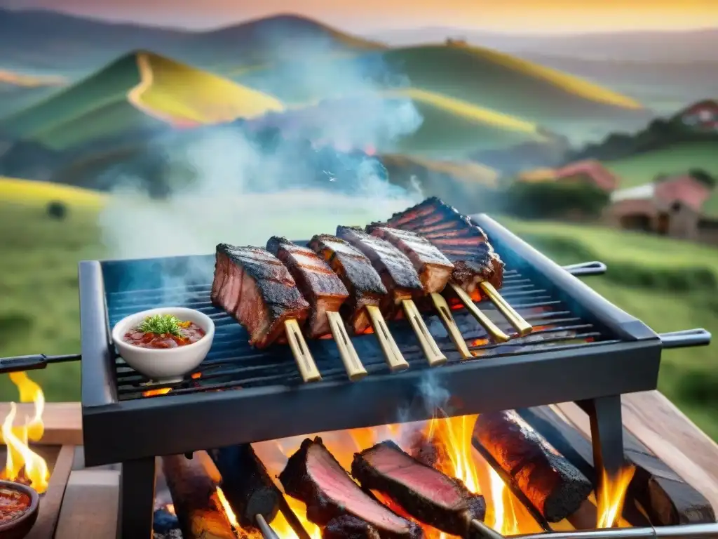 Un asado de tira Uruguayo cargado de Secretos Asado Tira Uruguay, rodeado de un paisaje campestre y vacas pastando al atardecer