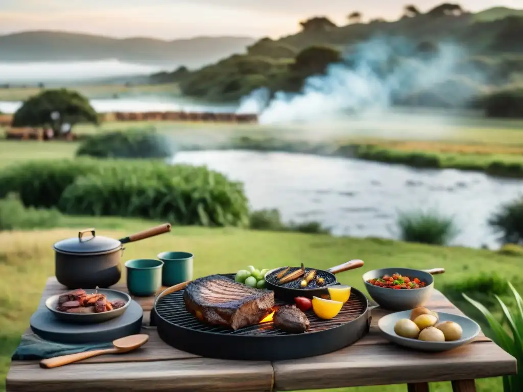 Un asado tradicional en el campo de Uruguay, rodeado de naturaleza exuberante y un río sereno