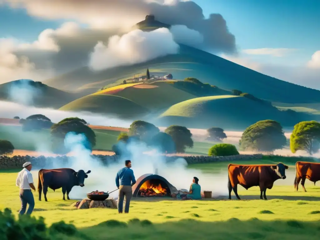 Un asado tradicional en el campo uruguayo: amigos alrededor de la parrilla bajo el cielo azul