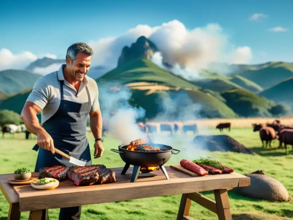 Un asado tradicional en el campo uruguayo: mesa rústica con cortes de carne, chefs locales, humo y paisaje campestre