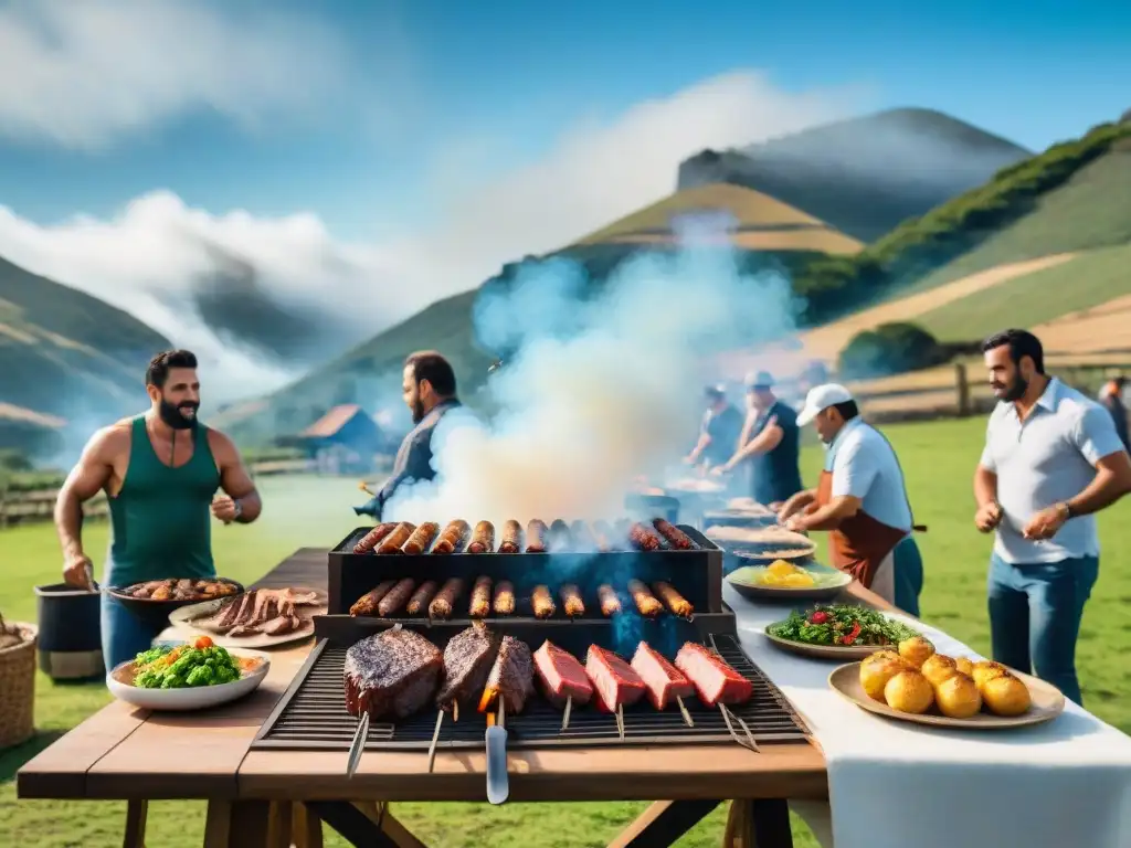Asado uruguayo: tradición y hospitalidad en el campo Un asado tradicional en Uruguay: mesa de madera llena de carne, gente alrededor, colinas verdes y cielo azul