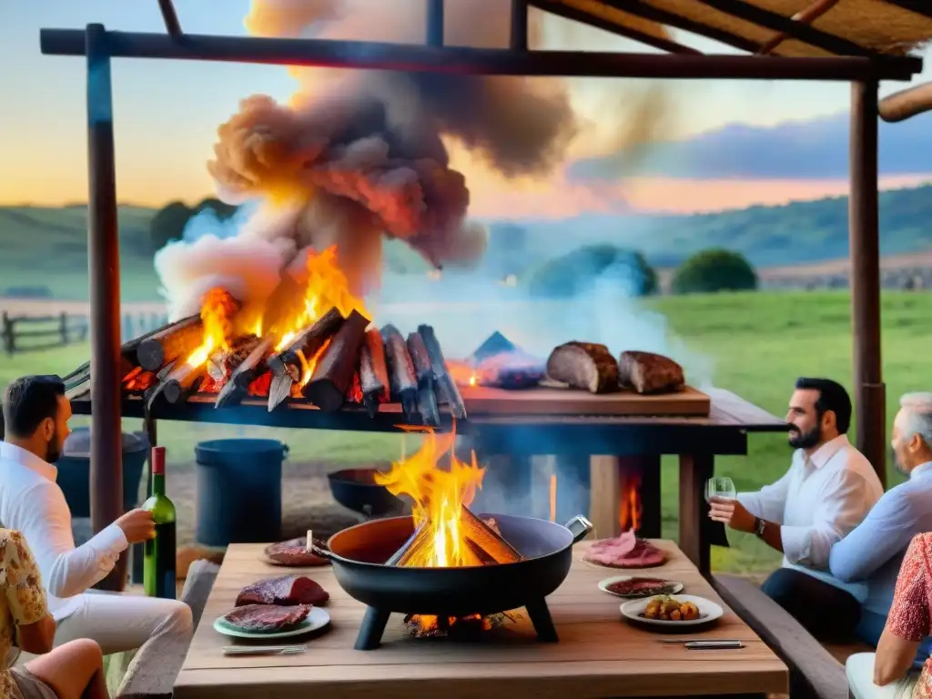 Un asado tradicional en Uruguay: gauchos, parrilla, vino y comunidad en un atardecer dorado