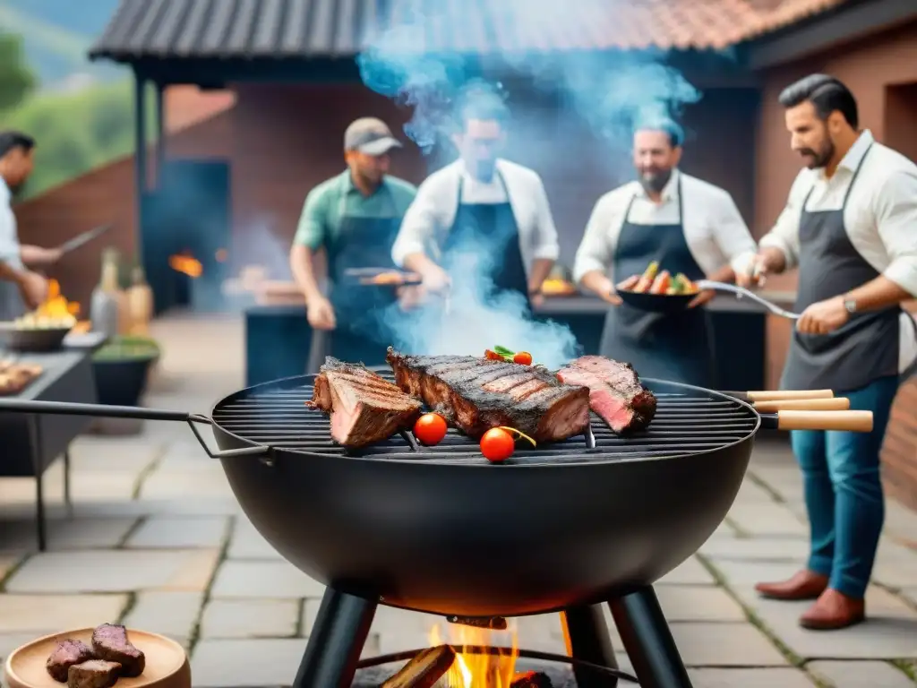 Un asado tradicional con un toque moderno, fusionando técnicas de asado tradicionales modernas en una escena vibrante y deliciosa