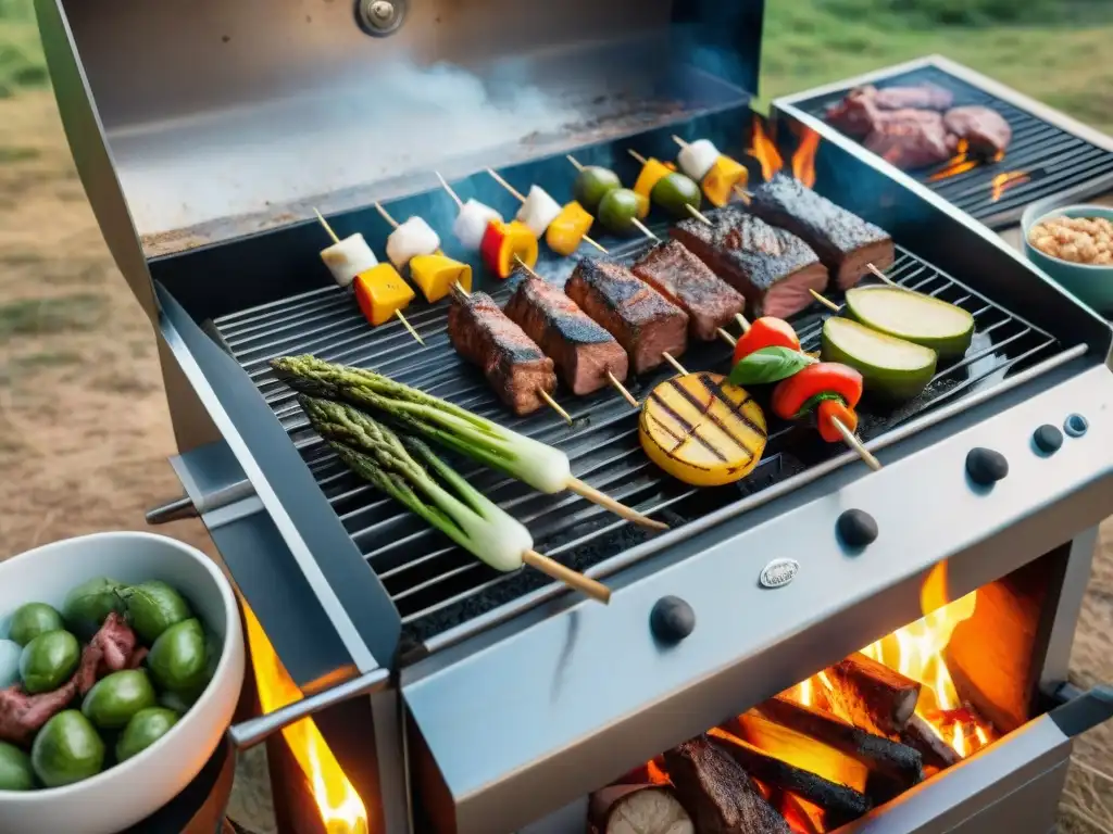 Un asado tradicional uruguayo al aire libre en un día soleado, con técnicas ancestrales de asado uruguayo