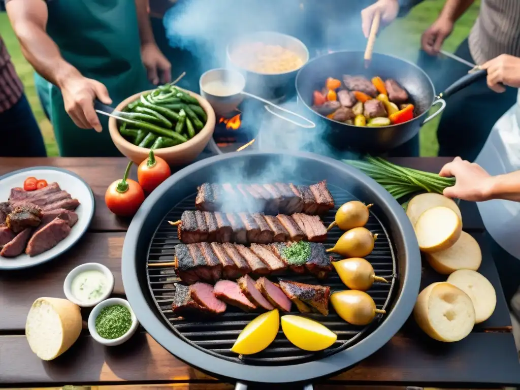 Un asado tradicional uruguayo al aire libre, rodeado de vegetales frescos y personas sonrientes disfrutando juntos