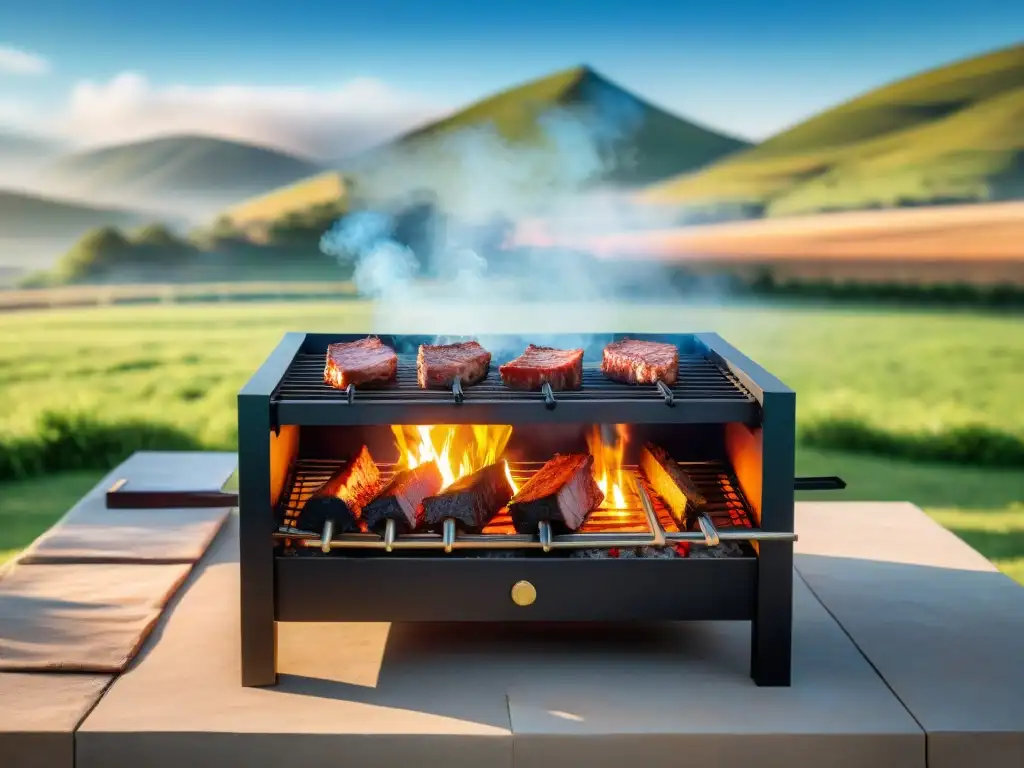 Un asado tradicional uruguayo al aire libre, rodeado de naturaleza y cocinado con diferentes tipos de maderas para asado