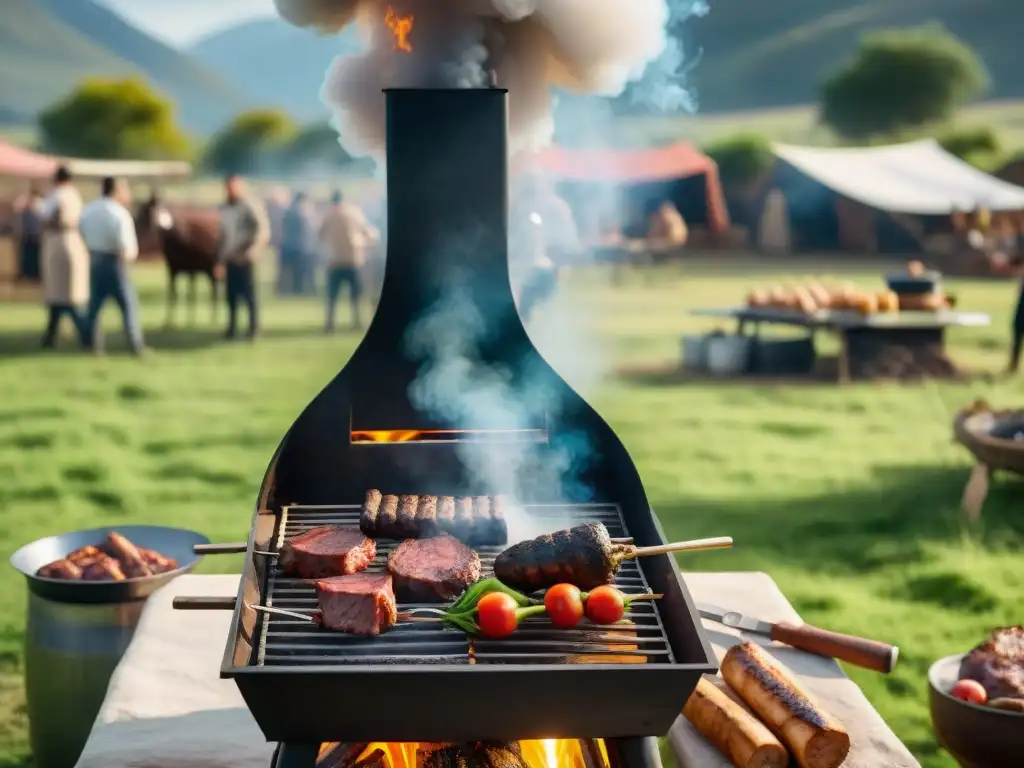 Un asado tradicional uruguayo al aire libre con energías alternativas en un día soleado