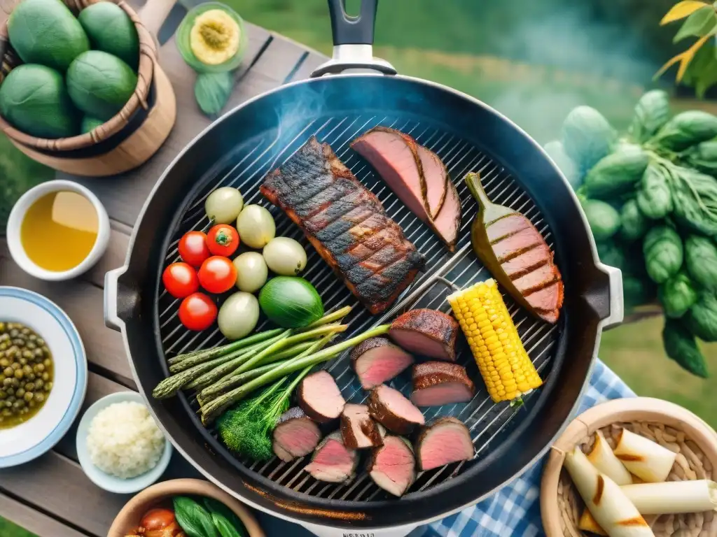 Un asado tradicional uruguayo al aire libre, vibrante y comunitario, enmarcado en un paisaje campestre