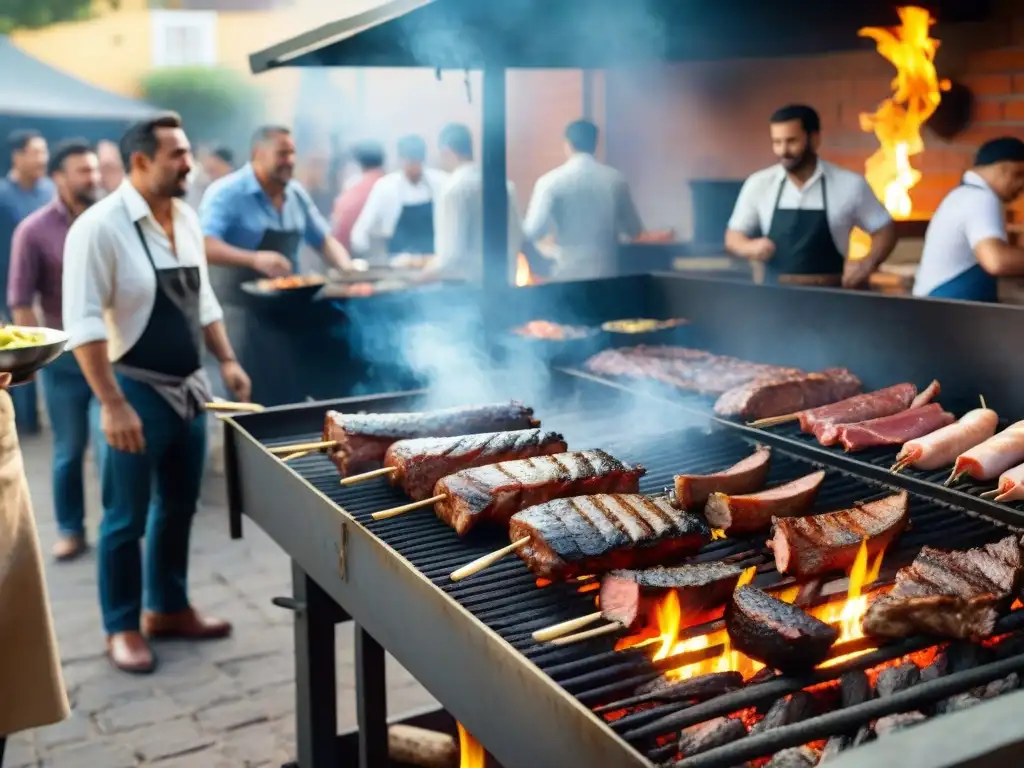 Un asado tradicional uruguayo al aire libre con una parrilla llena de carne y un asador experto, Certificaciones profesionales para asado uruguayo